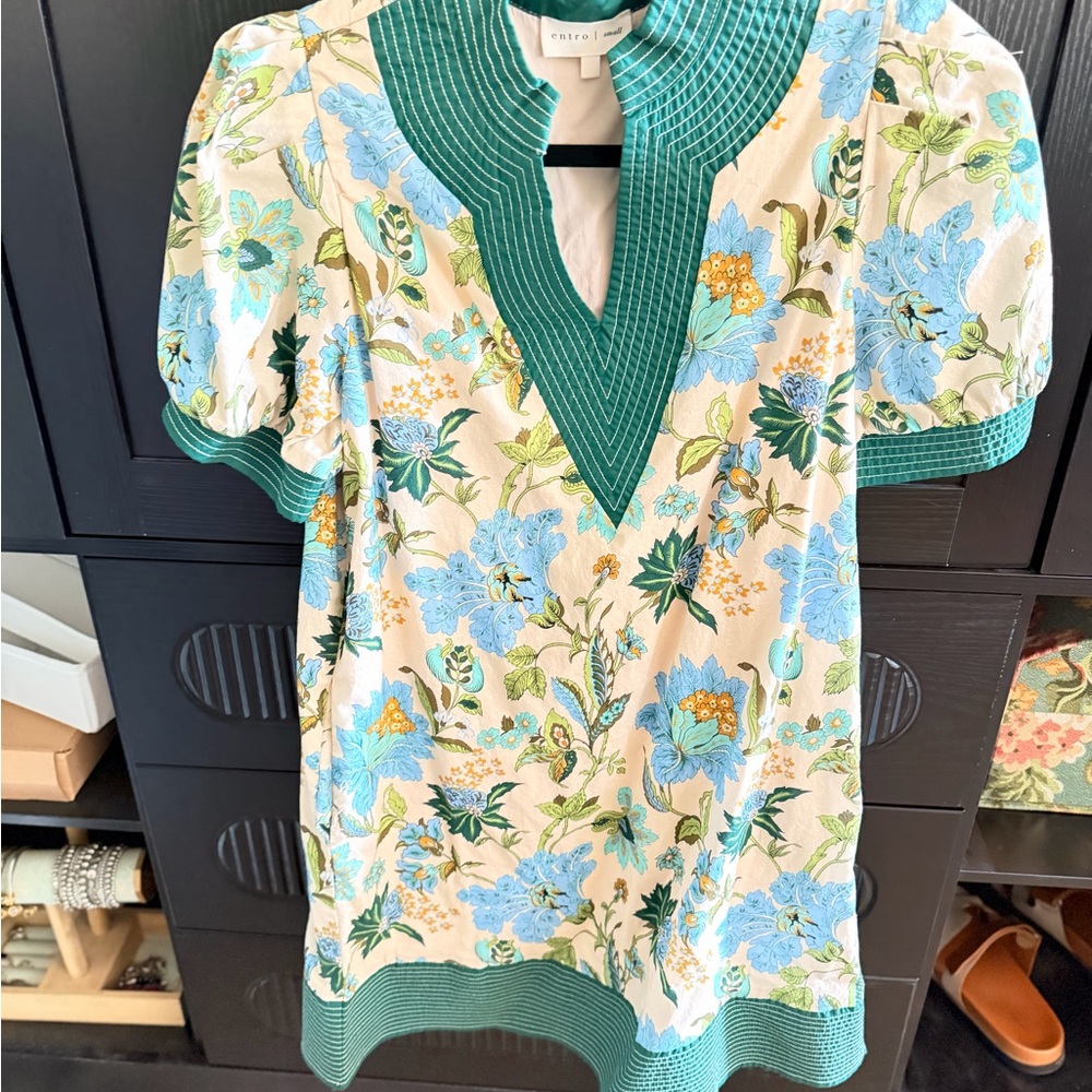 Entro Floral Cream and Teal Dress